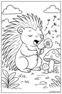 Kawaii Porcupine Blowing Dandelion Seeds Coloring Page