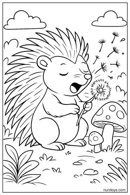 Kawaii Porcupine Blowing Dandelion Seeds Coloring Page