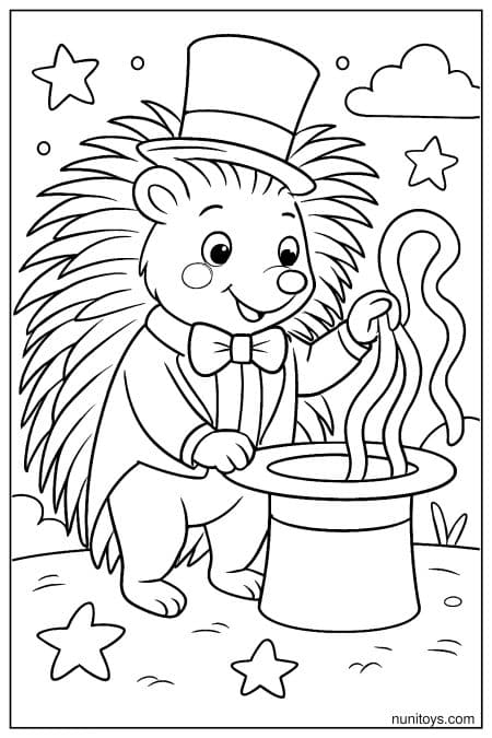 Kawaii Porcupine Magician with Top Hat Coloring Page