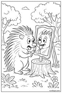Kawaii Porcupine Smiling at Mirror Coloring Sheet