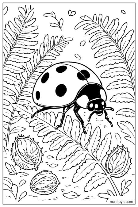 Ladybug Walking Through Fern Leaves Coloring Sheet