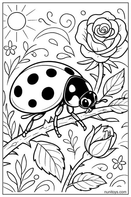 Ladybug Crawling on Rose Branch Coloring Page