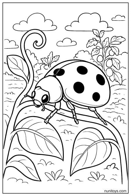 Ladybug Exploring Curled Garden Stem Coloring Page