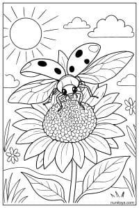 Ladybug Flying Over Large Garden Flower Coloring Page