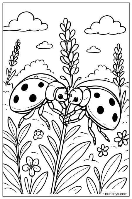 Two Ladybugs Meeting in Flower Garden Coloring Page