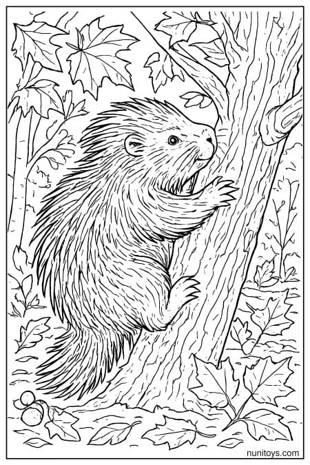 Porcupine Climbing Tree in Leafy Forest Coloring Page
