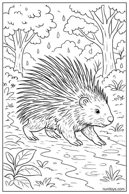 Porcupine Walking Through Rainy Forest Coloring Sheet