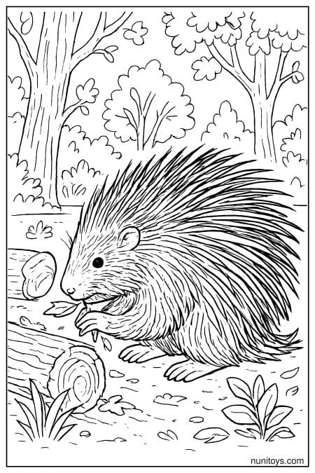 Porcupine Eating Leaf Beside Forest Log Coloring Page