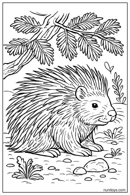 Porcupine Resting Under Pine Branch Coloring Page