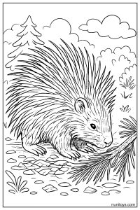 Porcupine Beside Pine Branch in Woodland Coloring Page