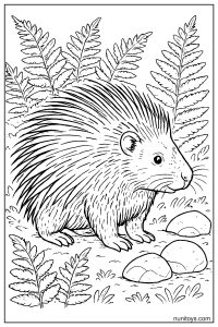 Porcupine Among Ferns and Forest Rocks Coloring Page