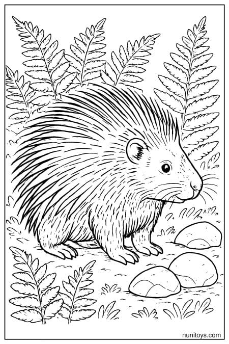Porcupine Among Ferns and Forest Rocks Coloring Page