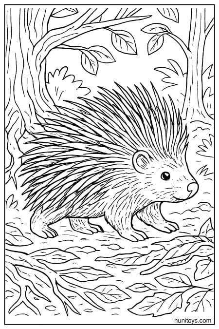 Porcupine Walking Through Fallen Leaves Coloring Sheet