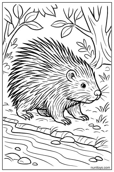 Porcupine Beside Woodland Stream Coloring Page