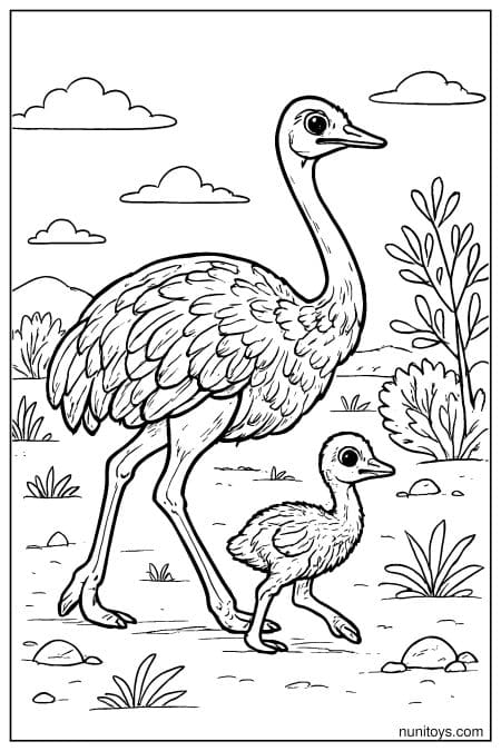 Adult Ostrich Walking with Chick Coloring Page