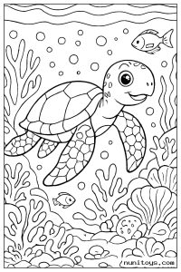 صفحة تلوين سلحفاة بحرية تمر فوق شعاب مرجانية