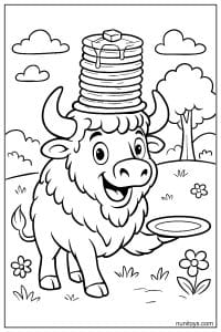 Silly Bison Balancing Pancakes on Its Head Coloring Page