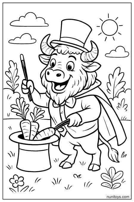 Silly Bison Magician Pulling Carrots from Top Hat Coloring Page