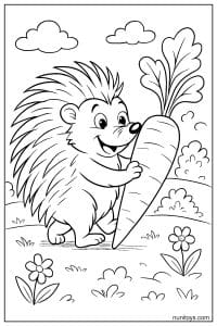 Kawaii Porcupine Holding Giant Carrot Coloring Page