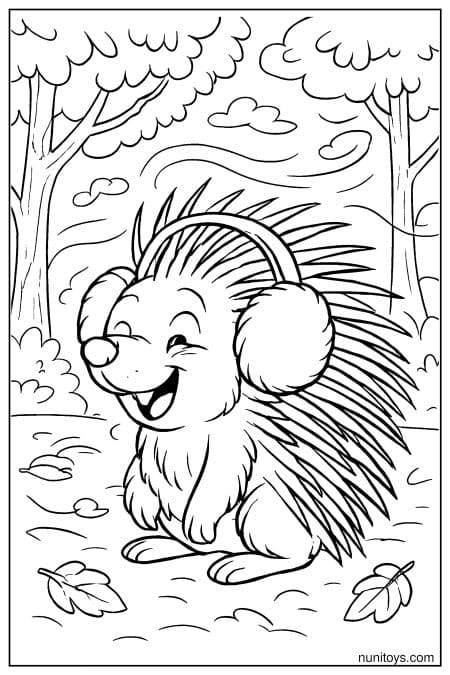Kawaii Porcupine Wearing Earmuffs in Windy Forest Coloring Sheet