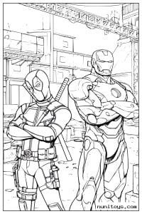 Deadpool and Iron Man Standing Together Coloring Page