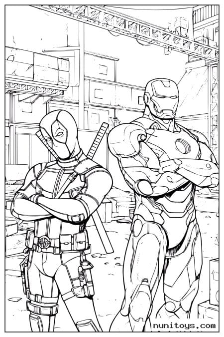 Deadpool and Iron Man Standing Together Coloring Page