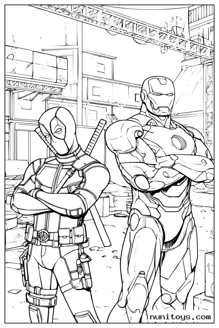 Coloriage Deadpool et Iron Man debout dans un décor industriel