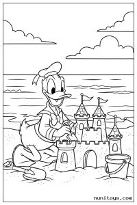 Donald Duck Building Sandcastle on Beach Coloring Page