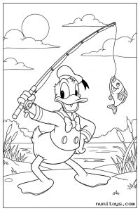 Donald Duck Catching Fish with Fishing Rod Coloring Page