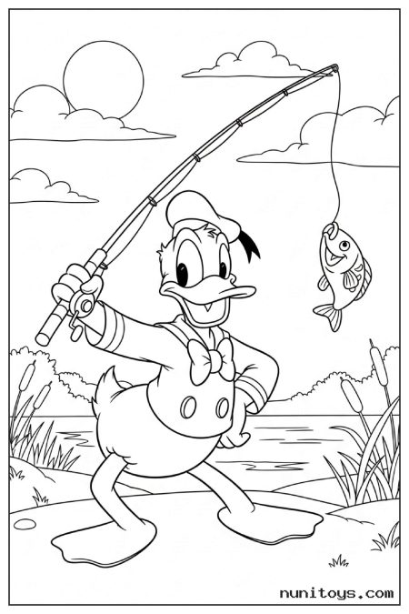 Donald Duck Catching Fish with Fishing Rod Coloring Page