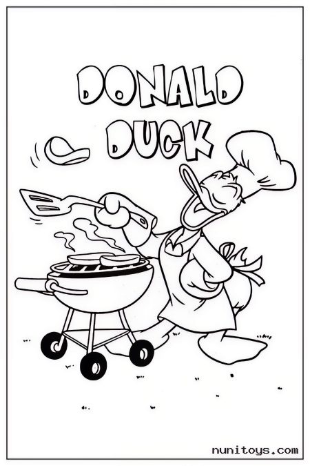 Donald Duck Cooking at Barbecue Grill Coloring Page