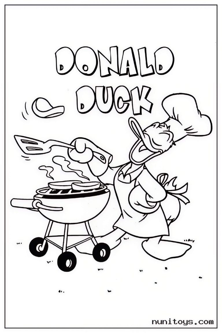 Coloriage Donald Duck cuisinant au barbecue avec toque de chef