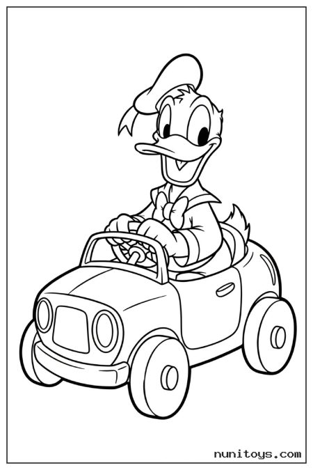 Donald Duck Driving a Small Car Coloring Page