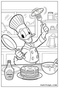 Donald Duck Flipping Pancake in Kitchen Coloring Page