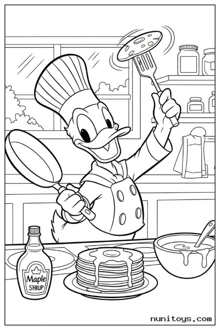 Donald Duck Flipping Pancake in Kitchen Coloring Page