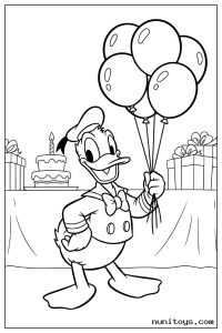 Donald Duck Holding Balloons at Birthday Party Coloring Page