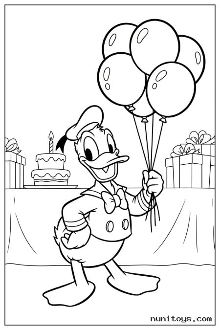 Donald Duck Holding Balloons at Birthday Party Coloring Page