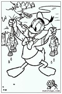 Donald Duck Holding Caught Fish by Lake Coloring Page