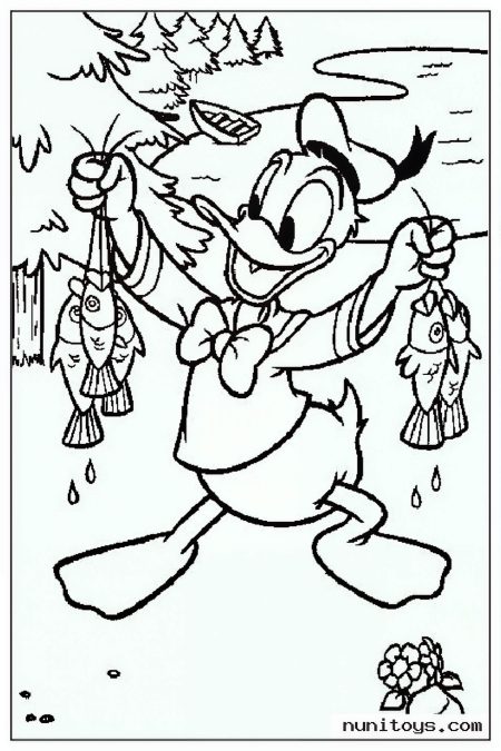 Donald Duck Holding Caught Fish by Lake Coloring Page