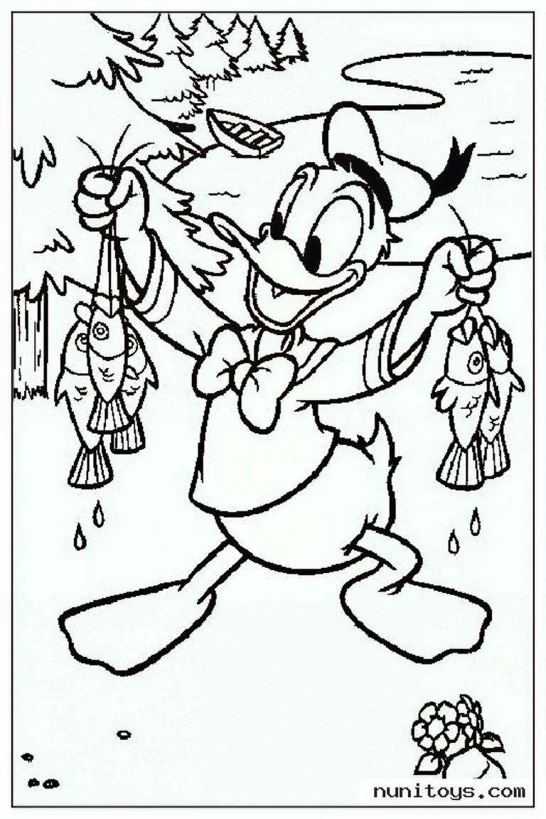 Coloriage Donald Duck tenant deux poissons après la pêche