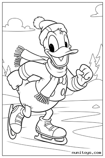 Donald Duck Ice Skating in Winter Clothes Coloring Page