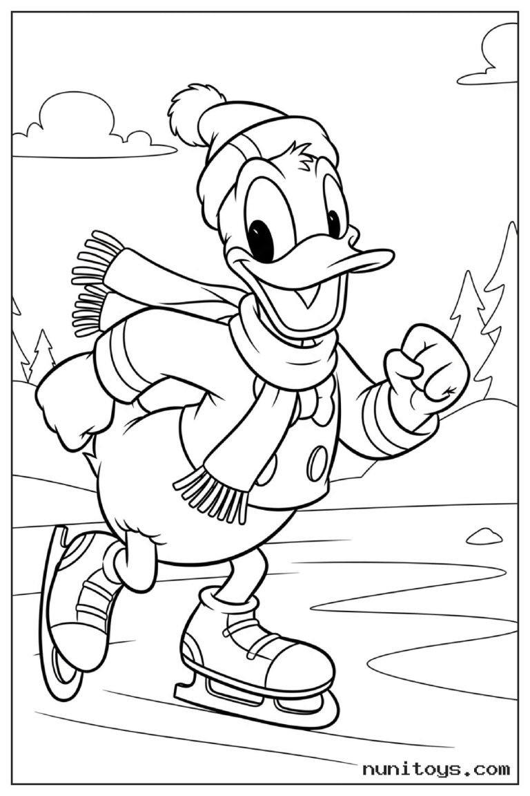 Coloriage Donald Duck faisant du patin à glace en hiver