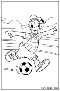 Donald Duck Kicking Soccer Ball on Field Coloring Page