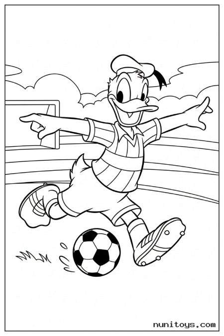 Donald Duck Kicking Soccer Ball on Field Coloring Page