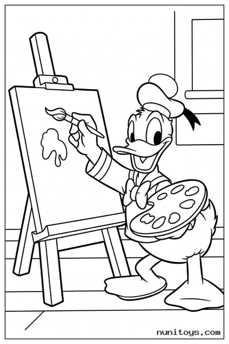 Donald Duck Painting at Easel Coloring Page