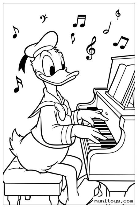 Donald Duck Playing Piano with Musical Notes Coloring Page