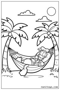 Donald Duck Relaxing in Hammock Between Palm Trees Coloring Page