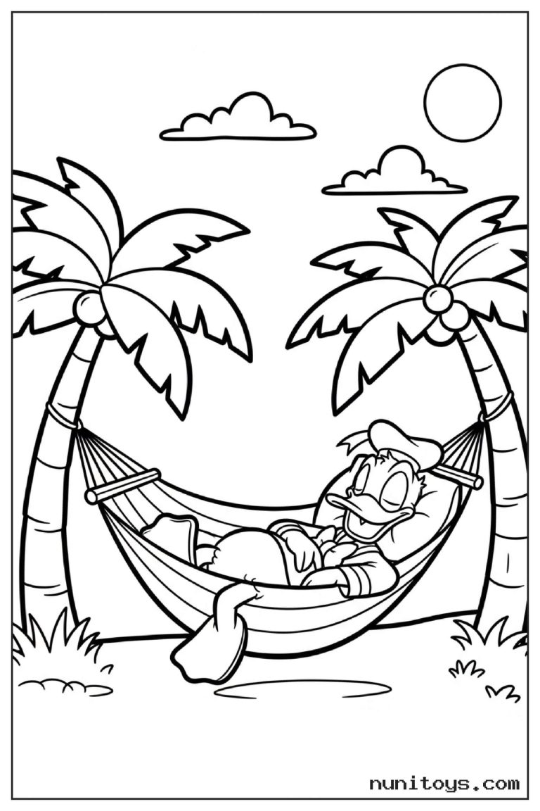 Coloriage Donald Duck se reposant dans un hamac entre palmiers