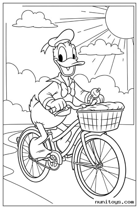Donald Duck Riding Bicycle with Front Basket Coloring Page