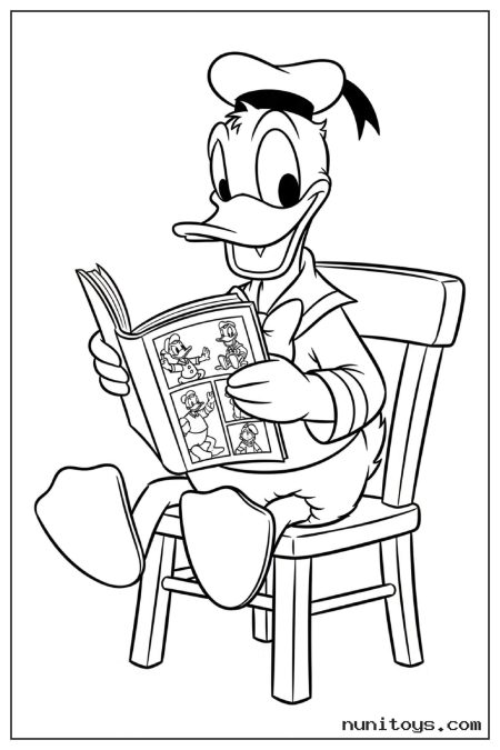 Donald Duck Sitting on Chair Reading Book Coloring Page